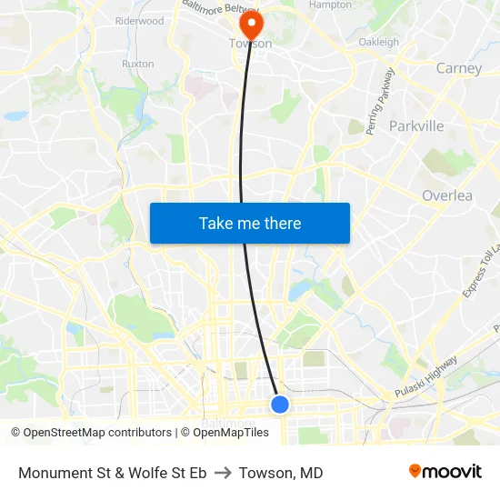 Monument St & Wolfe St Eb to Towson, MD map