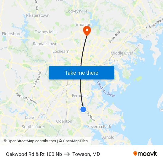 Oakwood Rd & Rt 100 Nb to Towson, MD map