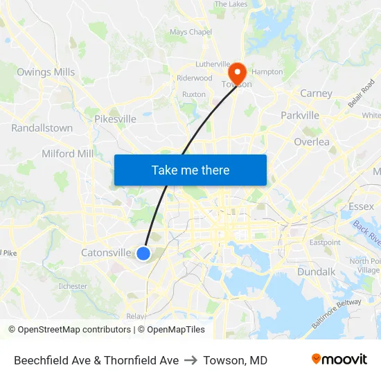 Beechfield Ave & Thornfield Ave to Towson, MD map