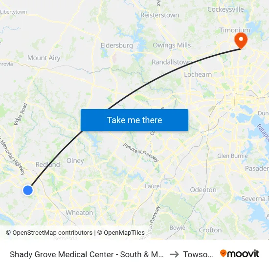 Shady Grove Medical Center - South & Medical Center Way to Towson, MD map
