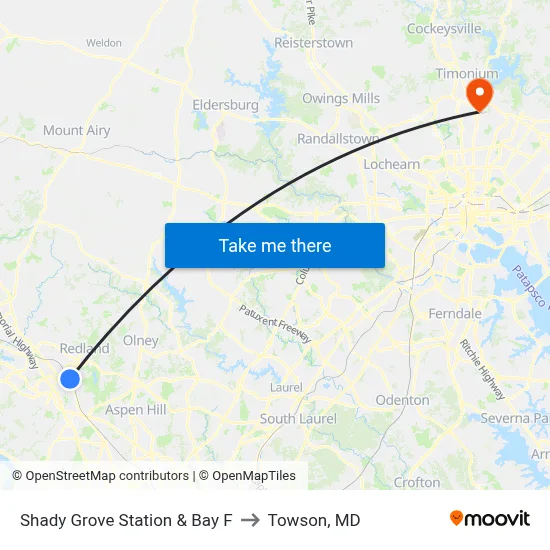 Shady Grove Station & Bay F to Towson, MD map