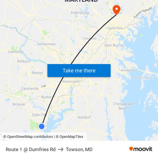 Route 1 @ Dumfries Rd to Towson, MD map