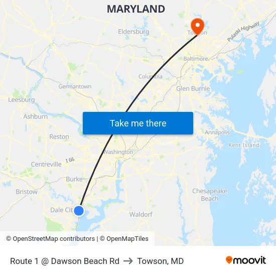 Route 1 @ Dawson Beach Rd to Towson, MD map
