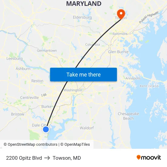 2200 Opitz Blvd to Towson, MD map