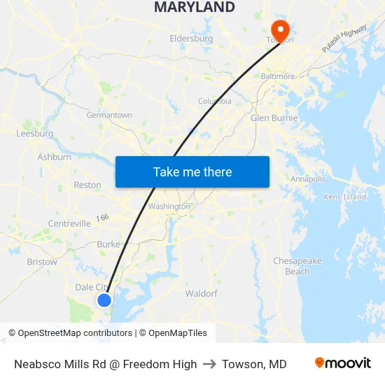 Neabsco Mills Rd @ Freedom High to Towson, MD map