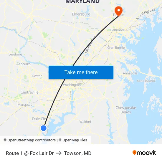 Route 1 @ Fox Lair Dr to Towson, MD map