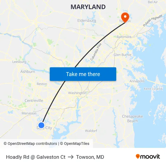 Hoadly Rd @ Galveston Ct to Towson, MD map