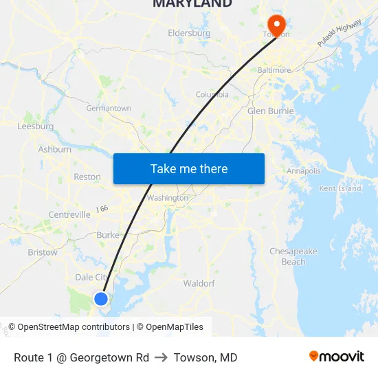 Route 1 @ Georgetown Rd to Towson, MD map