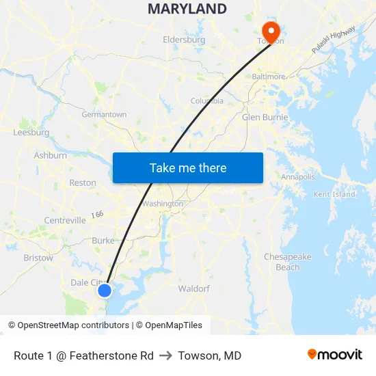 Route 1 @ Featherstone Rd to Towson, MD map