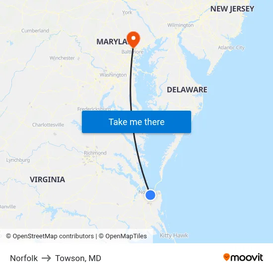Norfolk to Towson, MD map