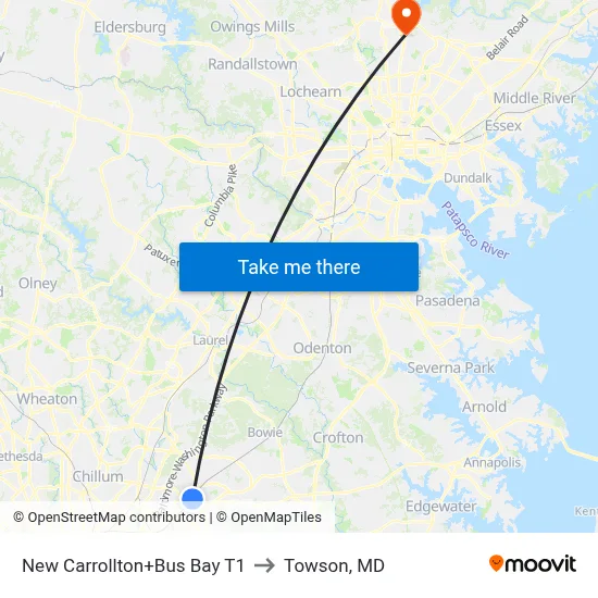 New Carrollton+Bus Bay T1 to Towson, MD map