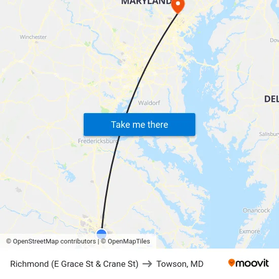 Richmond (E Grace St & Crane St) to Towson, MD map