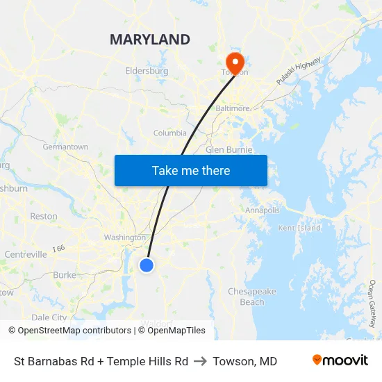 St Barnabas Rd + Temple Hills Rd to Towson, MD map