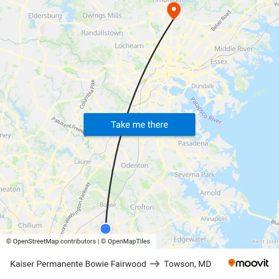 Kaiser Permanente Bowie Fairwood to Towson, MD map