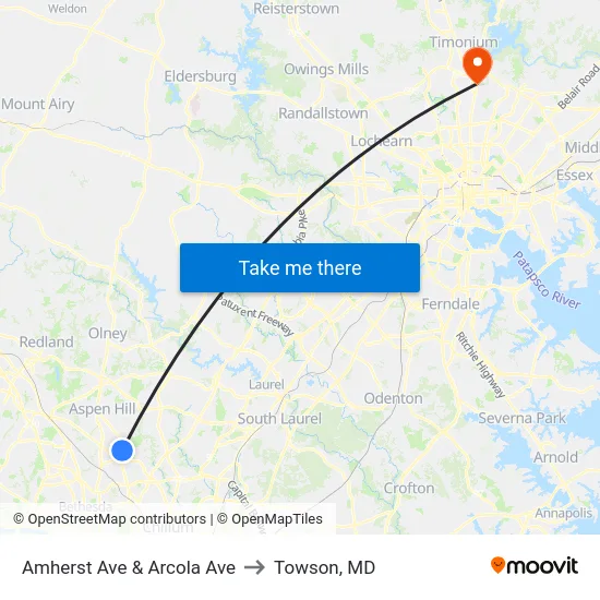 Amherst Ave & Arcola Ave to Towson, MD map