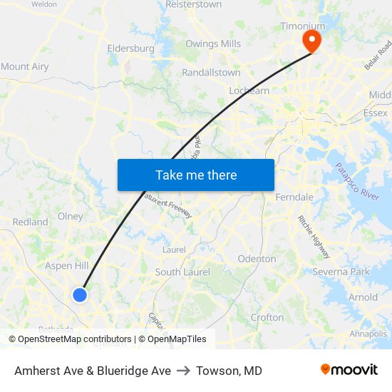 Amherst Ave & Blueridge Ave to Towson, MD map