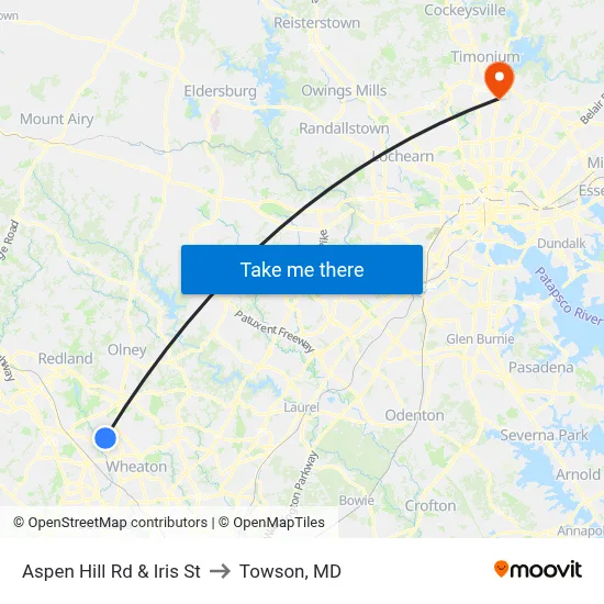 Aspen Hill Rd & Iris St to Towson, MD map