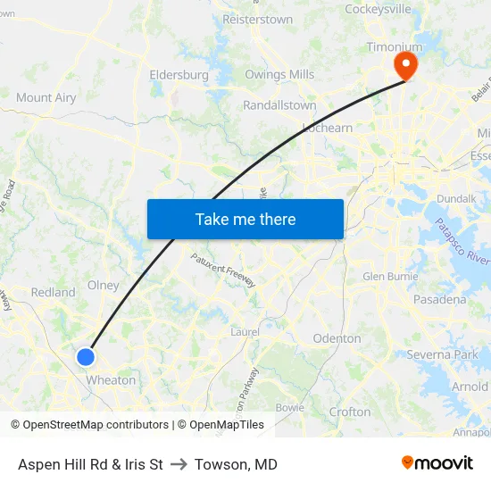 Aspen Hill Rd & Iris St to Towson, MD map