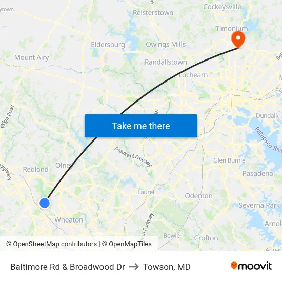 Baltimore Rd & Broadwood Dr to Towson, MD map