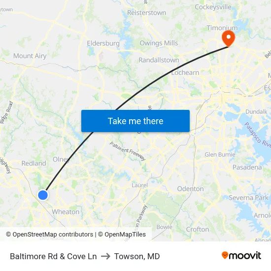 Baltimore Rd & Cove Ln to Towson, MD map