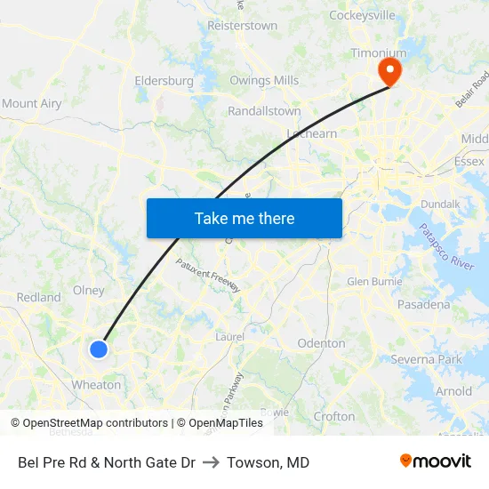 Bel Pre Rd & North Gate Dr to Towson, MD map