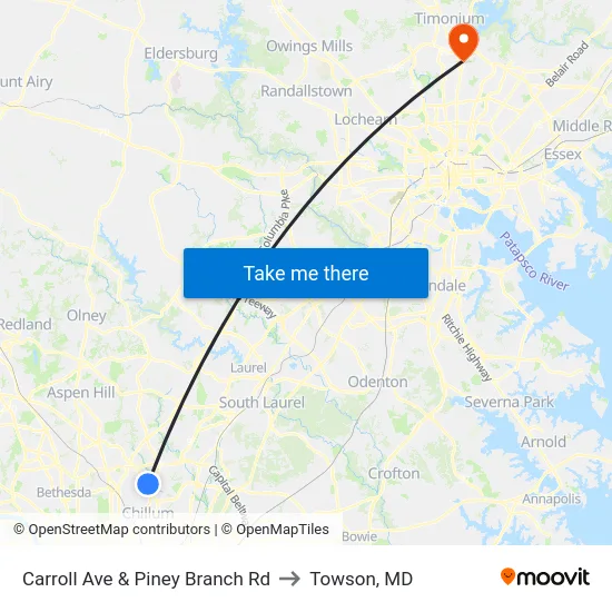 Carroll Ave & Piney Branch Rd to Towson, MD map