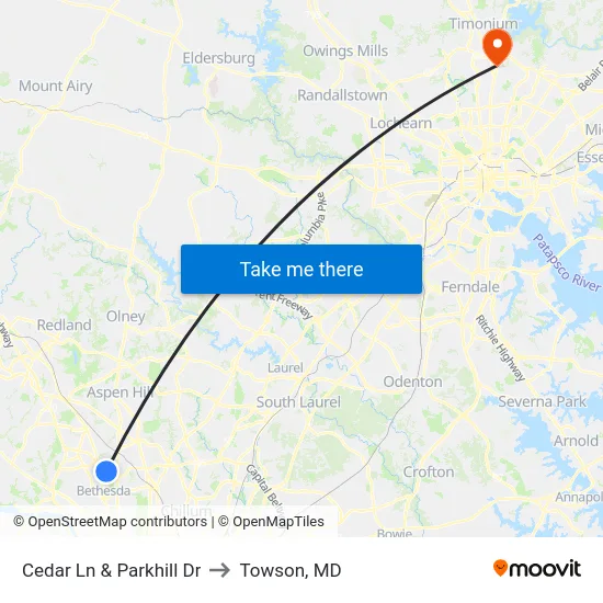 Cedar Ln & Parkhill Dr to Towson, MD map