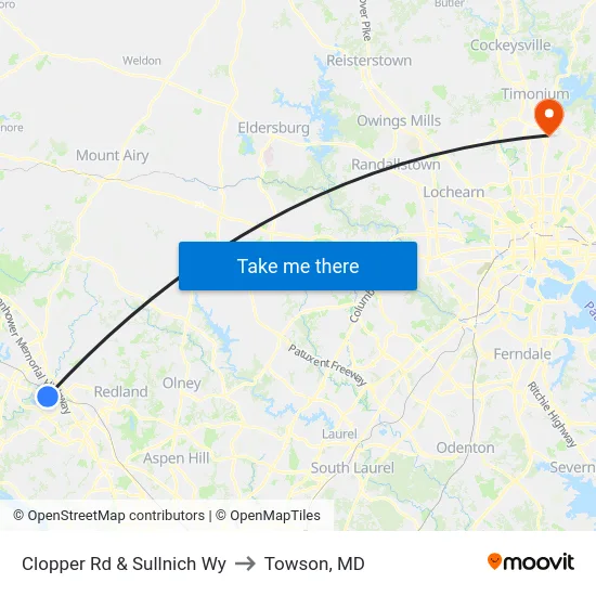 Clopper Rd & Sullnich Wy to Towson, MD map