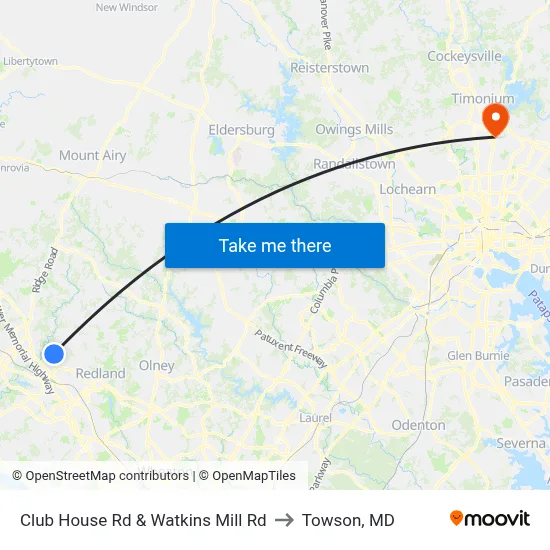 Club House Rd & Watkins Mill Rd to Towson, MD map