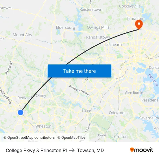 College Pkwy & Princeton Pl to Towson, MD map