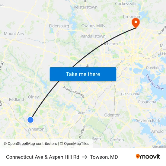Connecticut Ave & Aspen Hill Rd to Towson, MD map