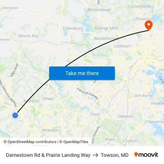 Darnestown Rd & Prairie Landing Way to Towson, MD map
