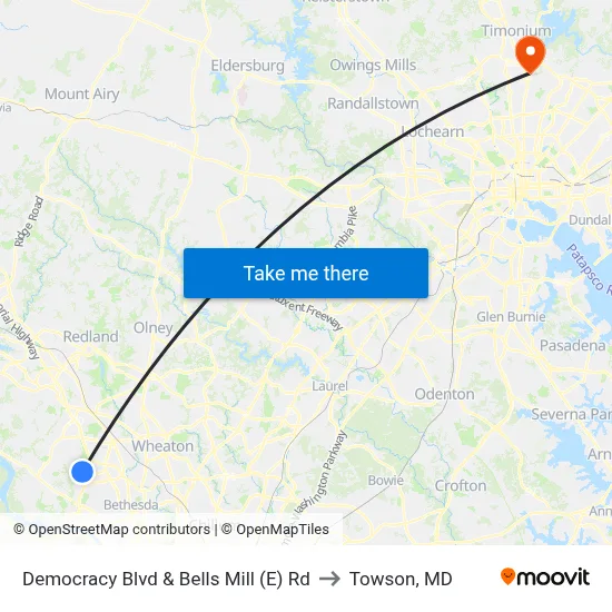 Democracy Blvd & Bells Mill (E) Rd to Towson, MD map