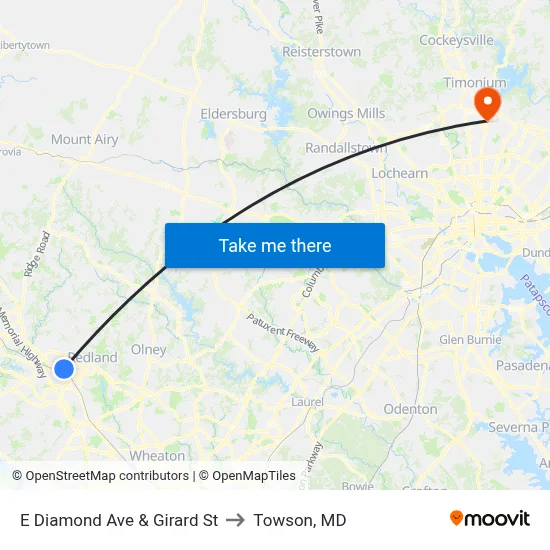 E Diamond Ave & Girard St to Towson, MD map