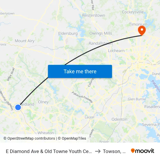 E Diamond Ave & Old Towne Youth Center to Towson, MD map