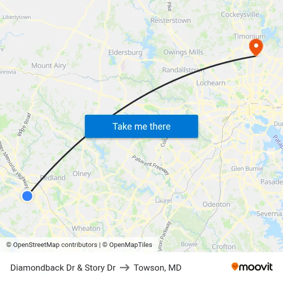 Diamondback Dr & Story Dr to Towson, MD map