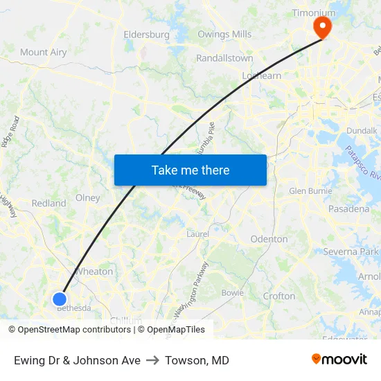 Ewing Dr & Johnson Ave to Towson, MD map