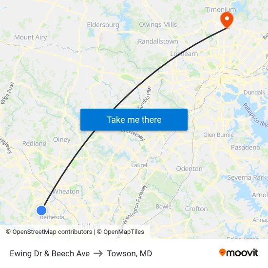 Ewing Dr & Beech Ave to Towson, MD map