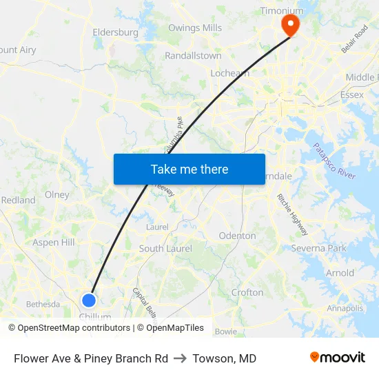 Flower Ave & Piney Branch Rd to Towson, MD map