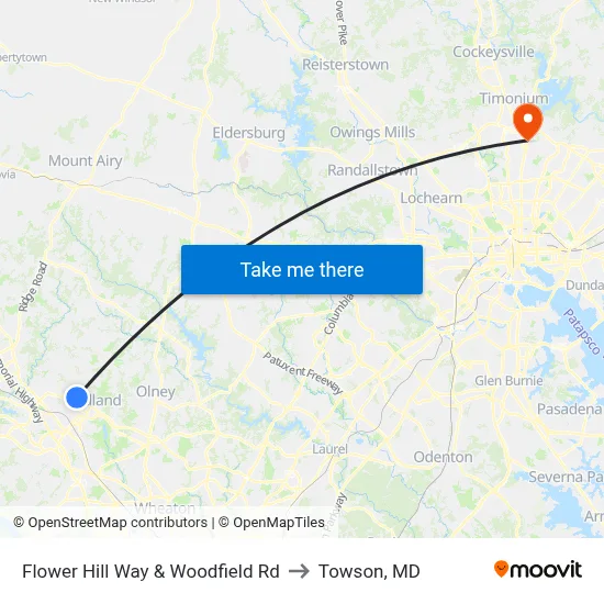 Flower Hill Way & Woodfield Rd to Towson, MD map