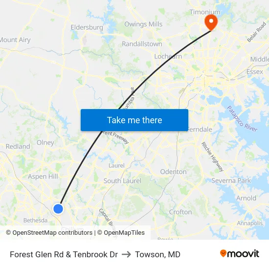 Forest Glen Rd & Tenbrook Dr to Towson, MD map