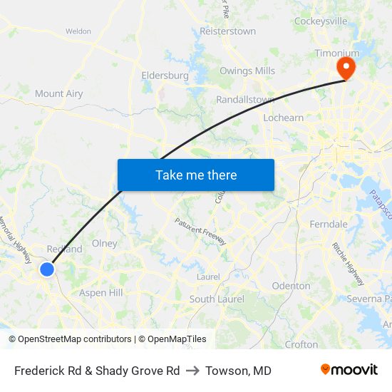 Frederick Rd & Shady Grove Rd to Towson, MD map