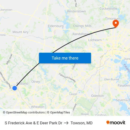 S Frederick Ave & E Deer Park Dr to Towson, MD map