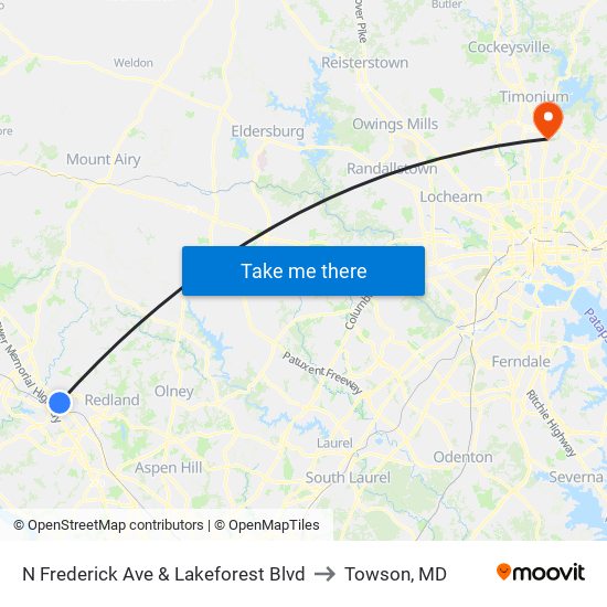 N Frederick Ave & Lakeforest Blvd to Towson, MD map