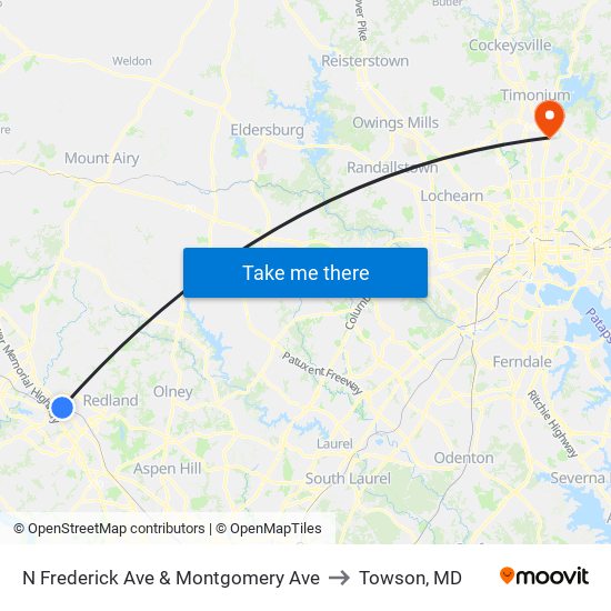 N Frederick Ave & Montgomery Ave to Towson, MD map