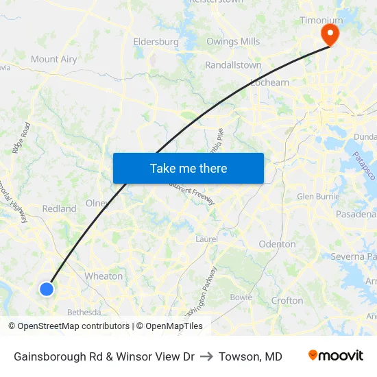 Gainsborough Rd & Winsor View Dr to Towson, MD map