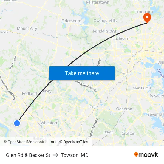 Glen Rd & Becket St to Towson, MD map
