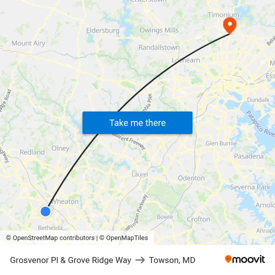 Grosvenor Pl & Grove Ridge Way to Towson, MD map