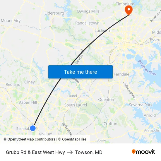 Grubb Rd & East West Hwy to Towson, MD map