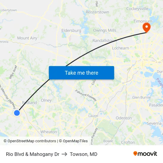 Rio Blvd & Mahogany Dr to Towson, MD map